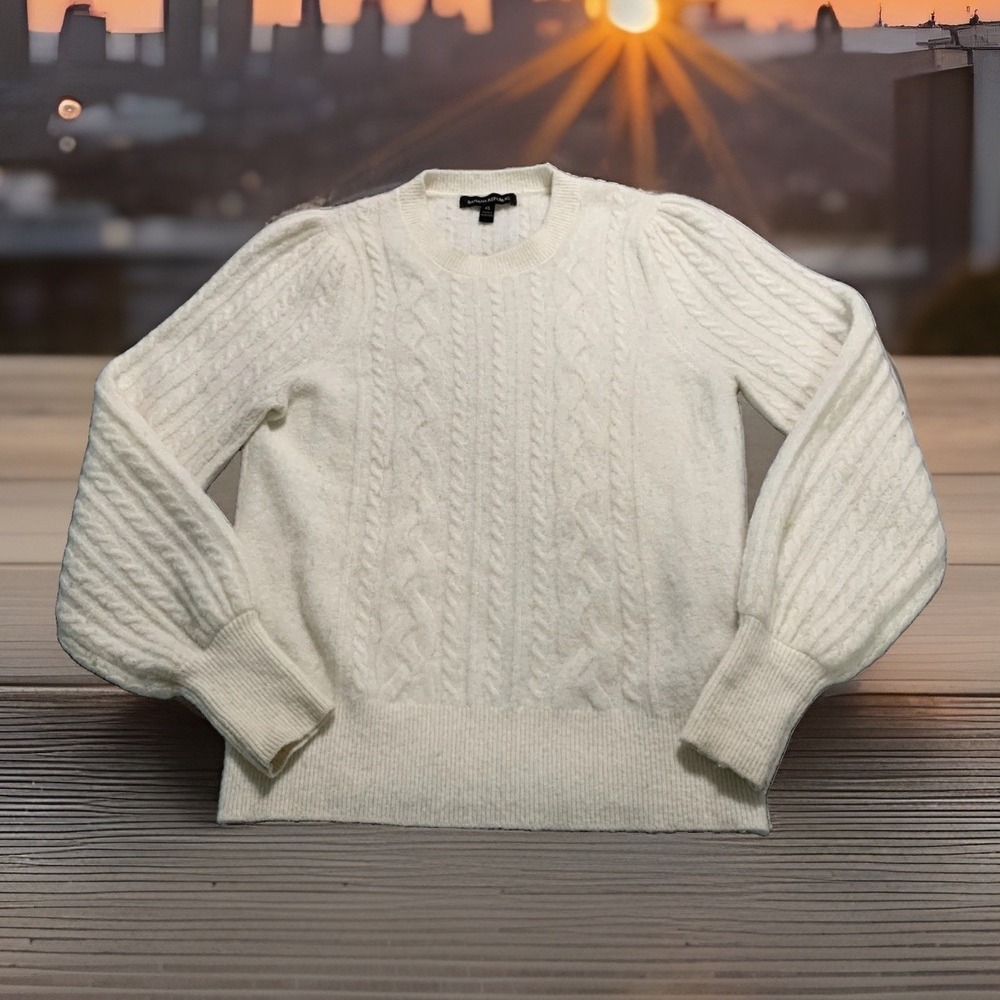 Banana Republic Cable Knit Sweater Womens XS Wool Alpaca Cream Puff Sleeve Top